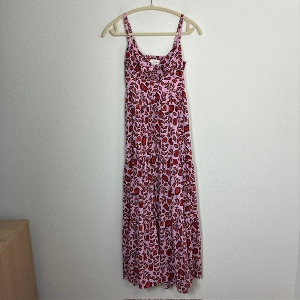 Xirena Floral Tiered Maxi Dress Tie Front Keyhole Smocked Back Women's XS Boho